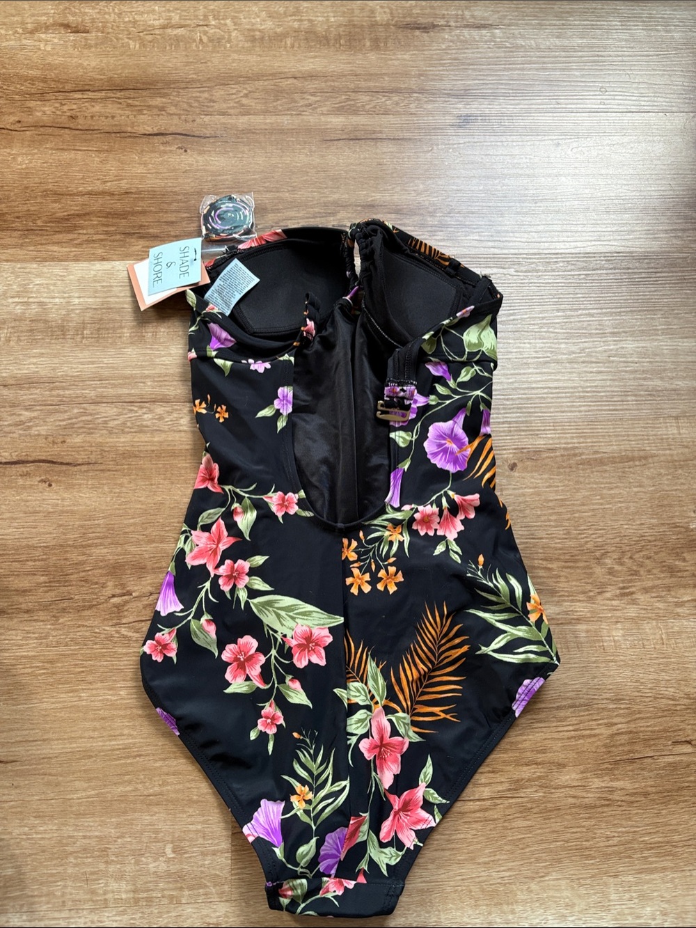 Floral One-Piece Swimsuit - Black with Multicolor Flowers - Picture 3 of 3